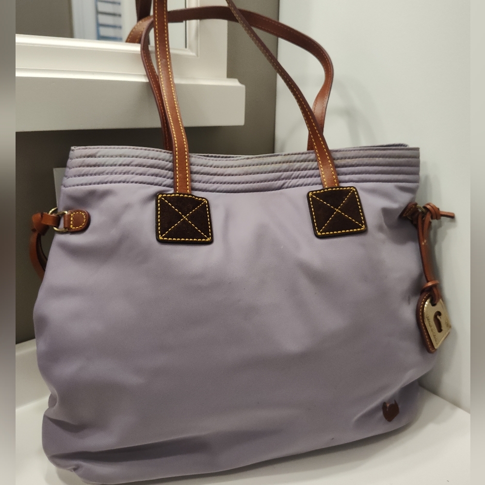 Dooney & Bourke Lavender Nylon Tote with Brown Leather Trim and Straps - Picture 5 of 16